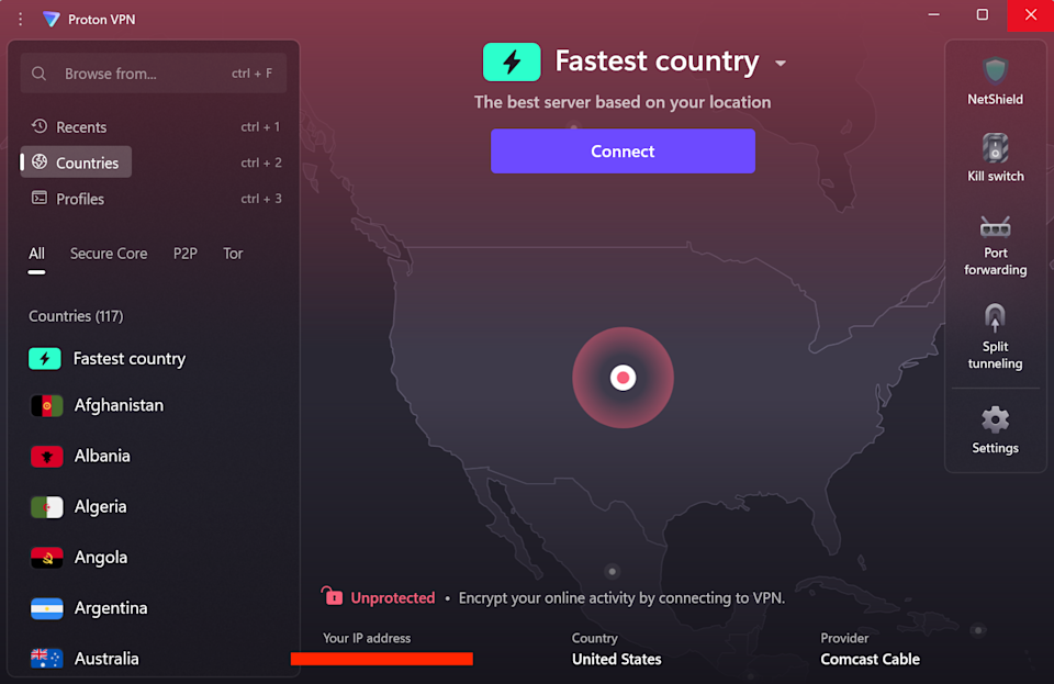 Proton VPN's app for Windows.