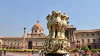 A replica of National Emblem of India near the North Block in New Delhi
