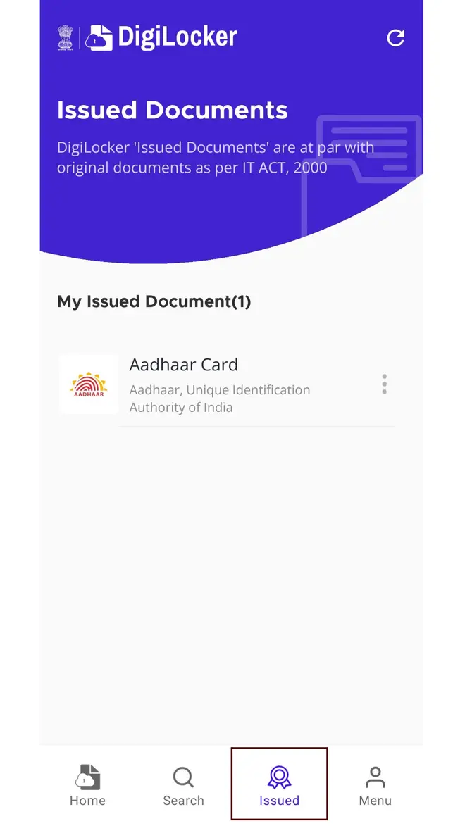 Issued documents in DigiLocker app