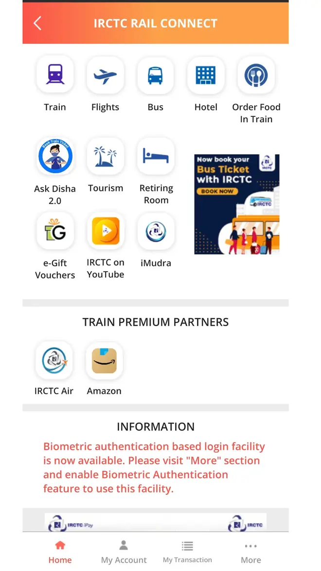 Services on IRCTC Rail Connect app