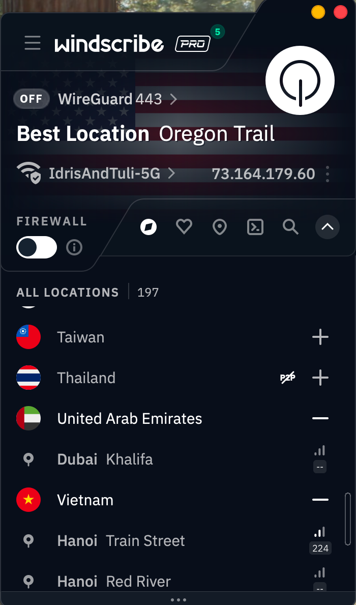 Windscribe's server selection list on the Mac app.