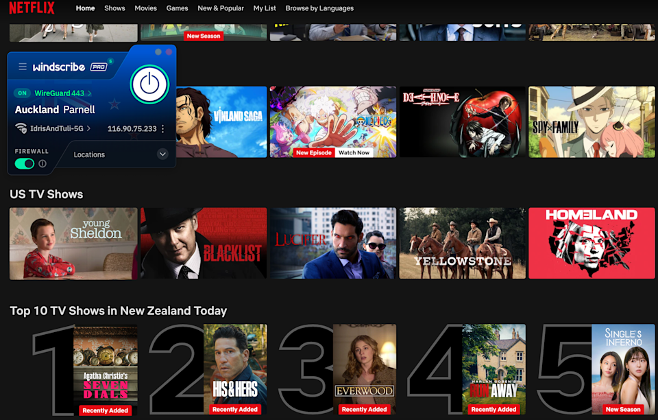 A successful location change on Netflix using Windscribe.
