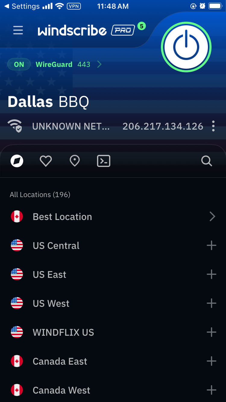 Windscribe's iOS app.
