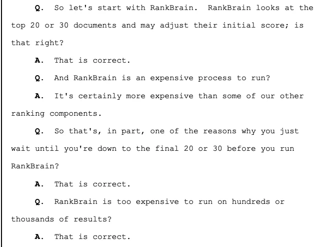 Transcript snippet explaining RankBrain reranks top search results due to being an expensive process.
