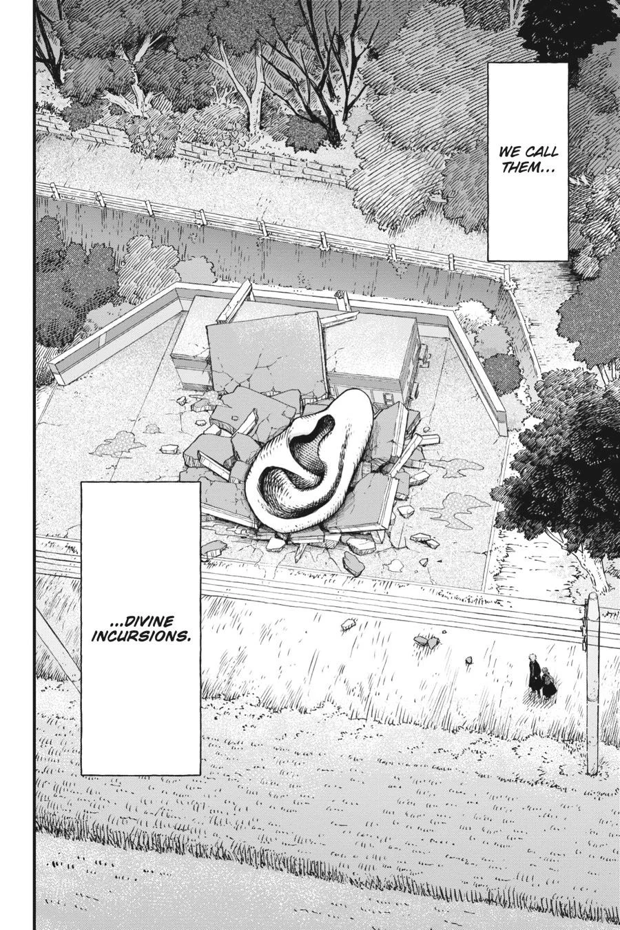 Divine Incursions manga page of a giant ear on top of a crumbled building.