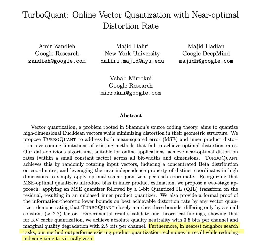 Abstract of TurboQuant research paper highlighting near-zero indexing time for vector databases.