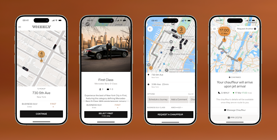 Using the Wheely app on several smartphones.