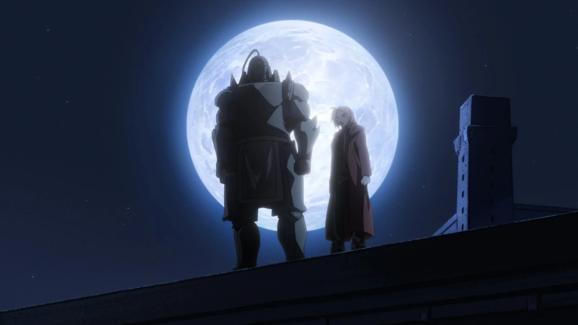 Fullmetal Alchemist: Brotherhood still of Ed and Alphones standing in front of the moon.