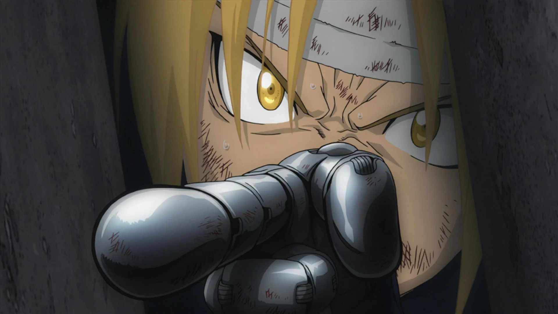 Fullmetal Alchemist Brotherhood still of Edward pointing determinately. 