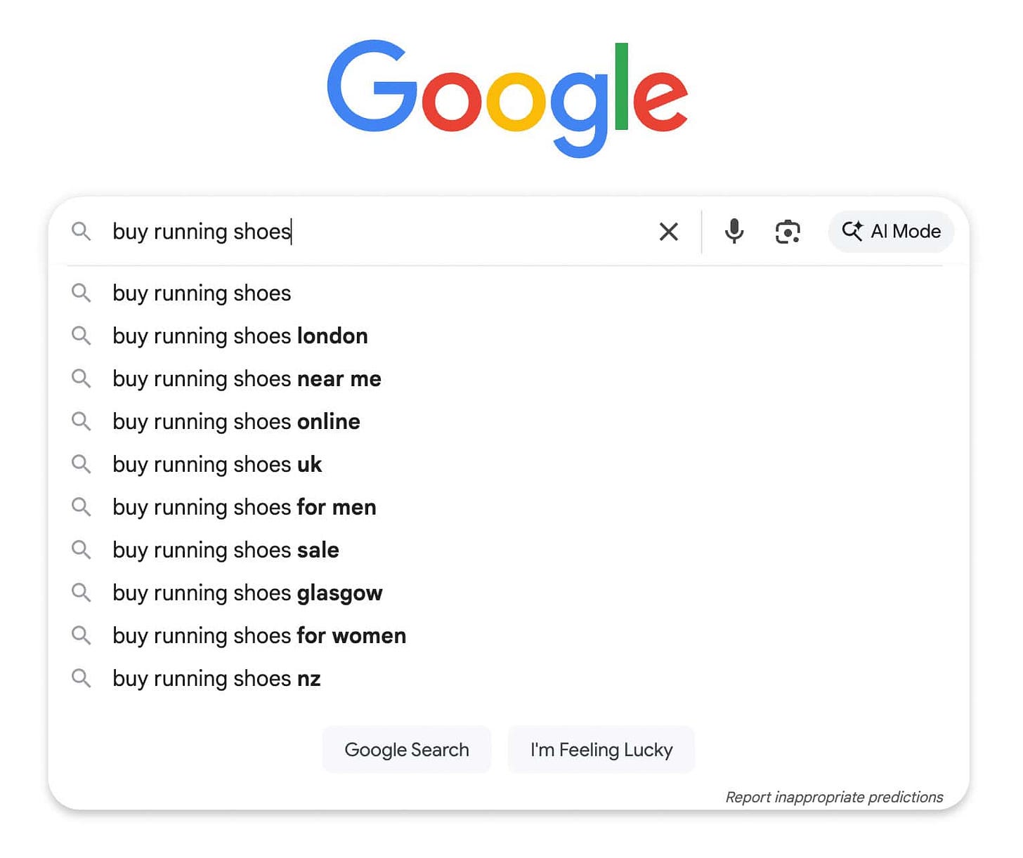 A mockup of a Google search interface with 