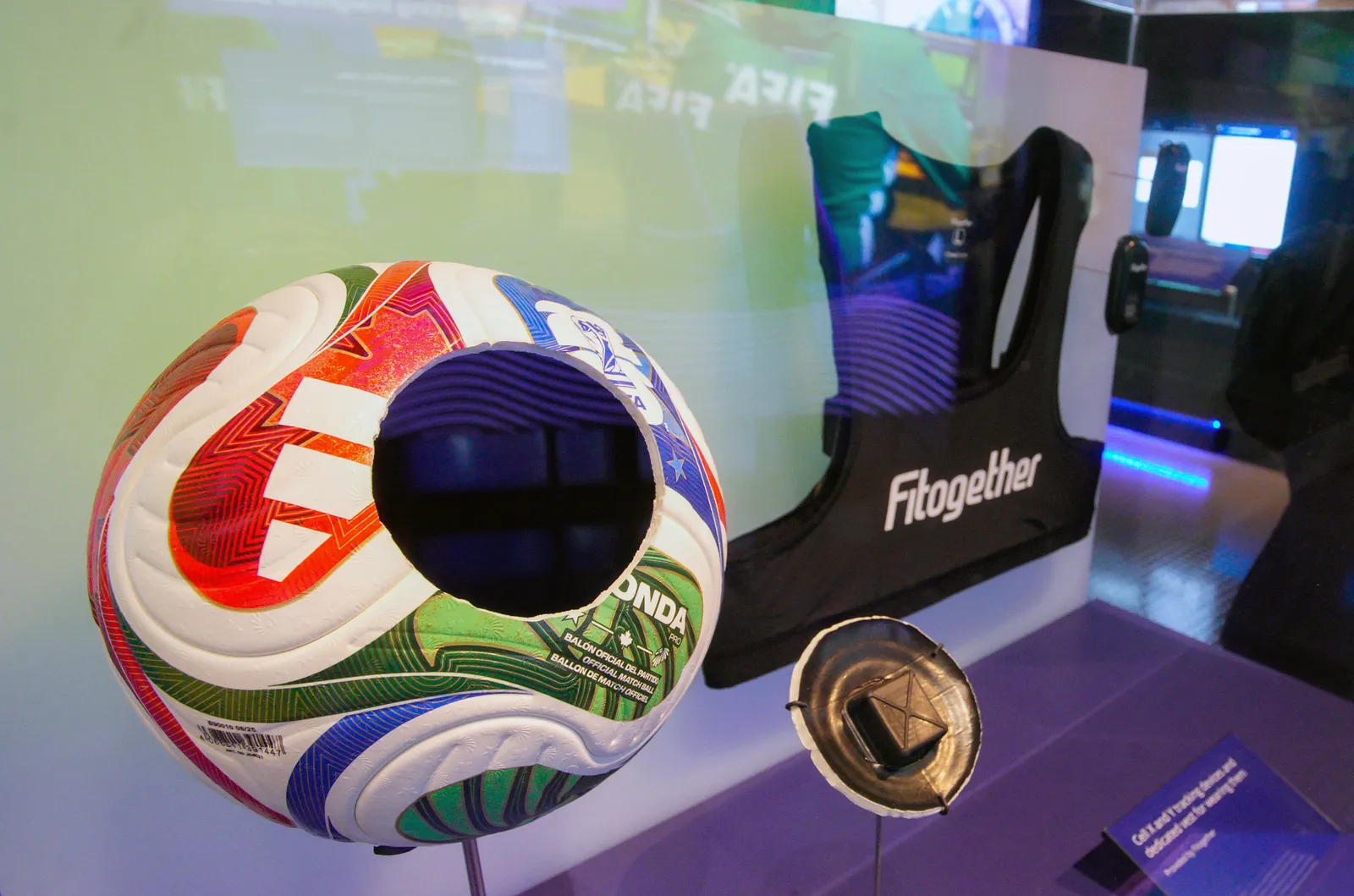 A 2026 FIFA World Cup official soccer ball embedded with sensor technology is displayed during the media preview of the...
