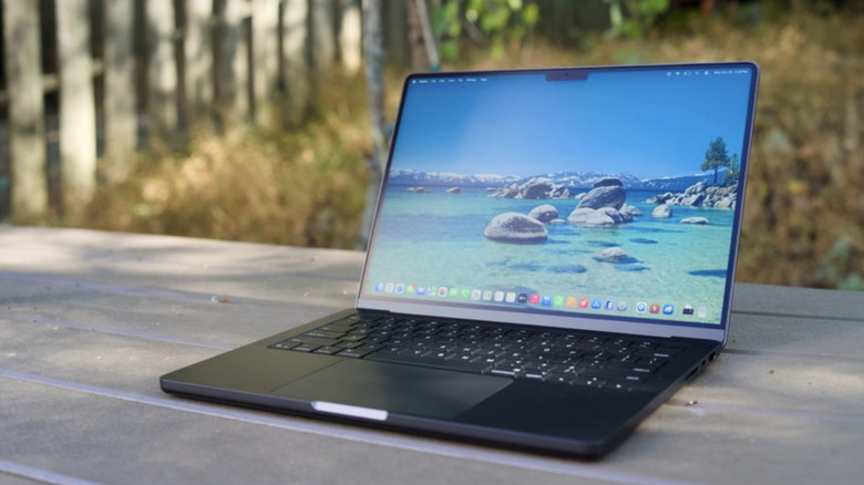 Photo of a 2025 entry-level MacBook Pro showing a default home screen of rocks in beachside shallows. The laptop sits on an outdoor picnic table with brownish grass in the background.